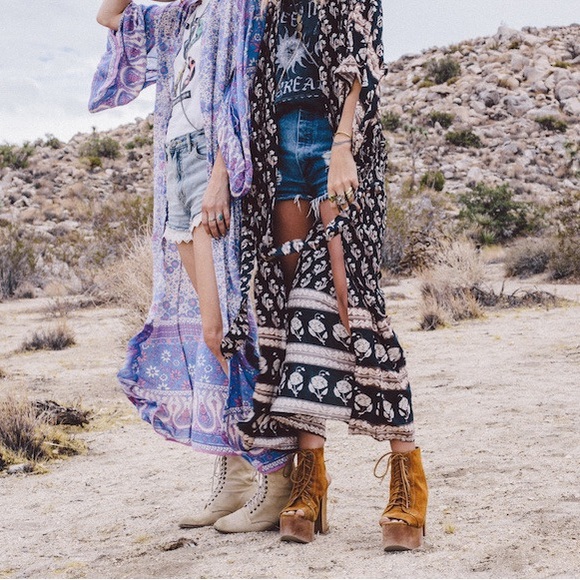 Spell Bohemian Royale Maxi Kimono Belted Charcoal Print One Size EUC - Picture 8 of 10